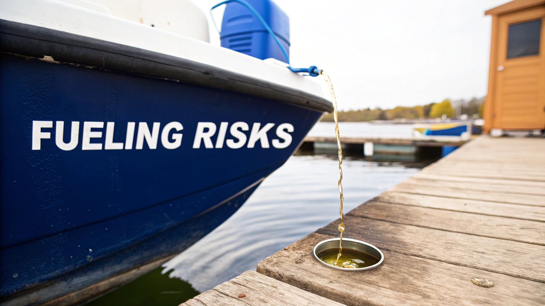 A boat with 'FUELING RISKS' on its side, leaking fuel into a cup on a wooden dock.