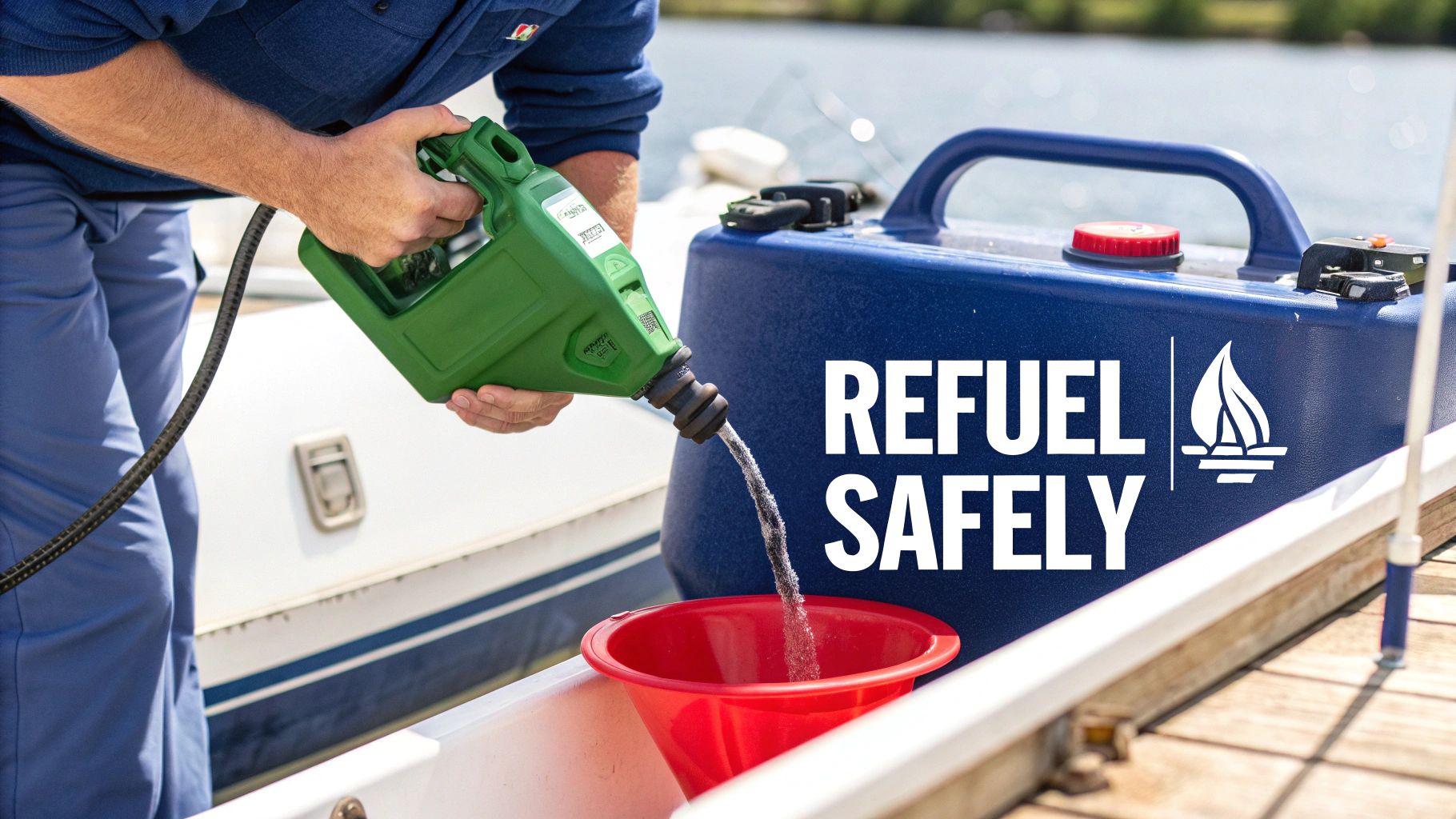 A person safely pouring fuel from a green gas can into a red funnel on a boat.
