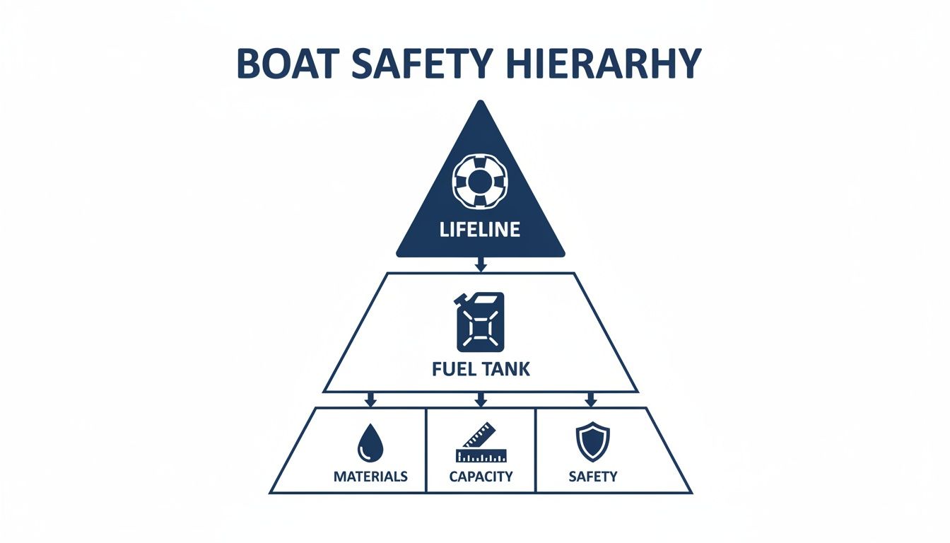 A pyramid diagram illustrating the boat safety hierarchy, showing lifeline, fuel tank, materials, capacity, and safety.