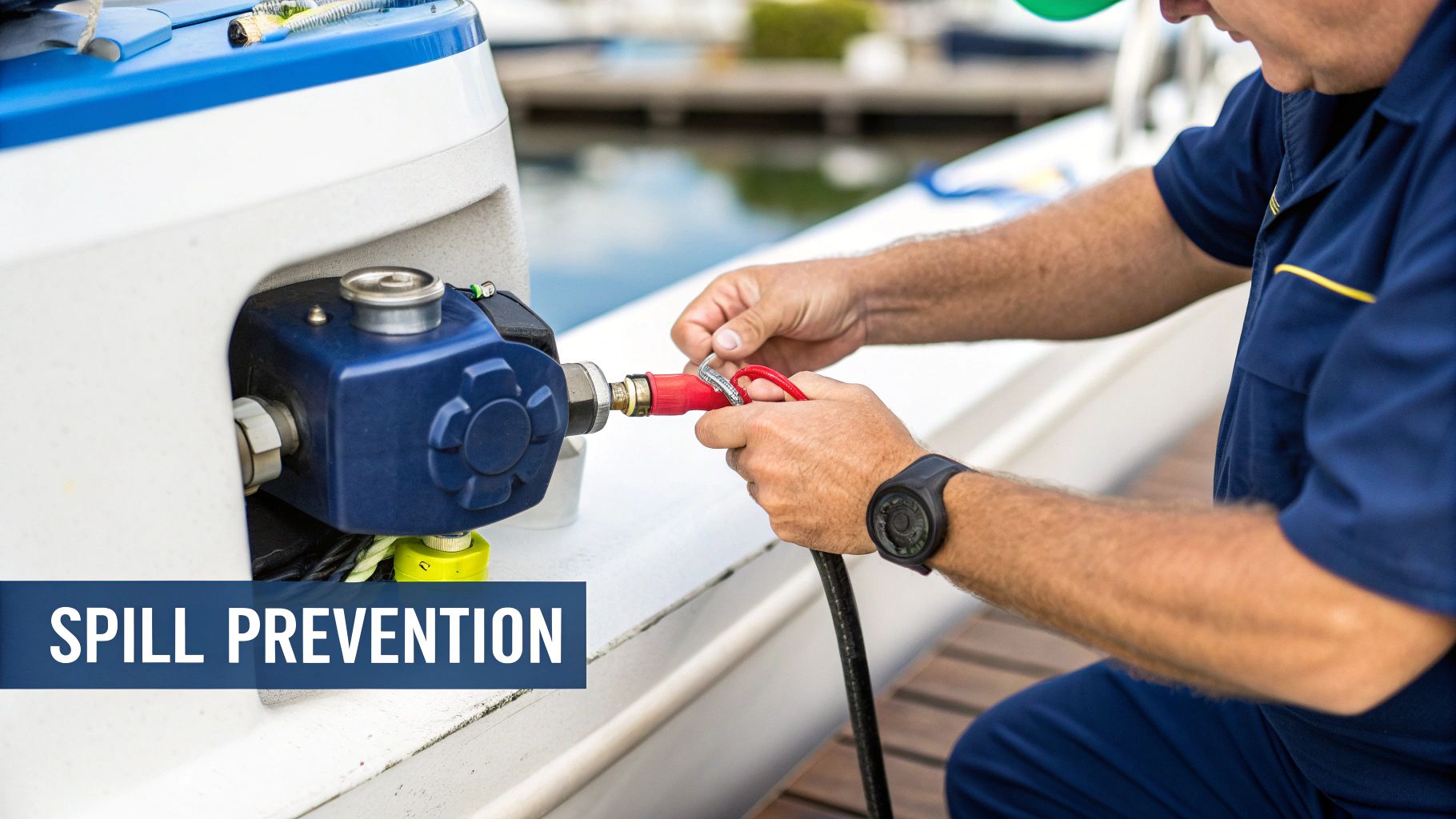 Hands connecting a red fuel hose to a blue boat pump for spill prevention.
