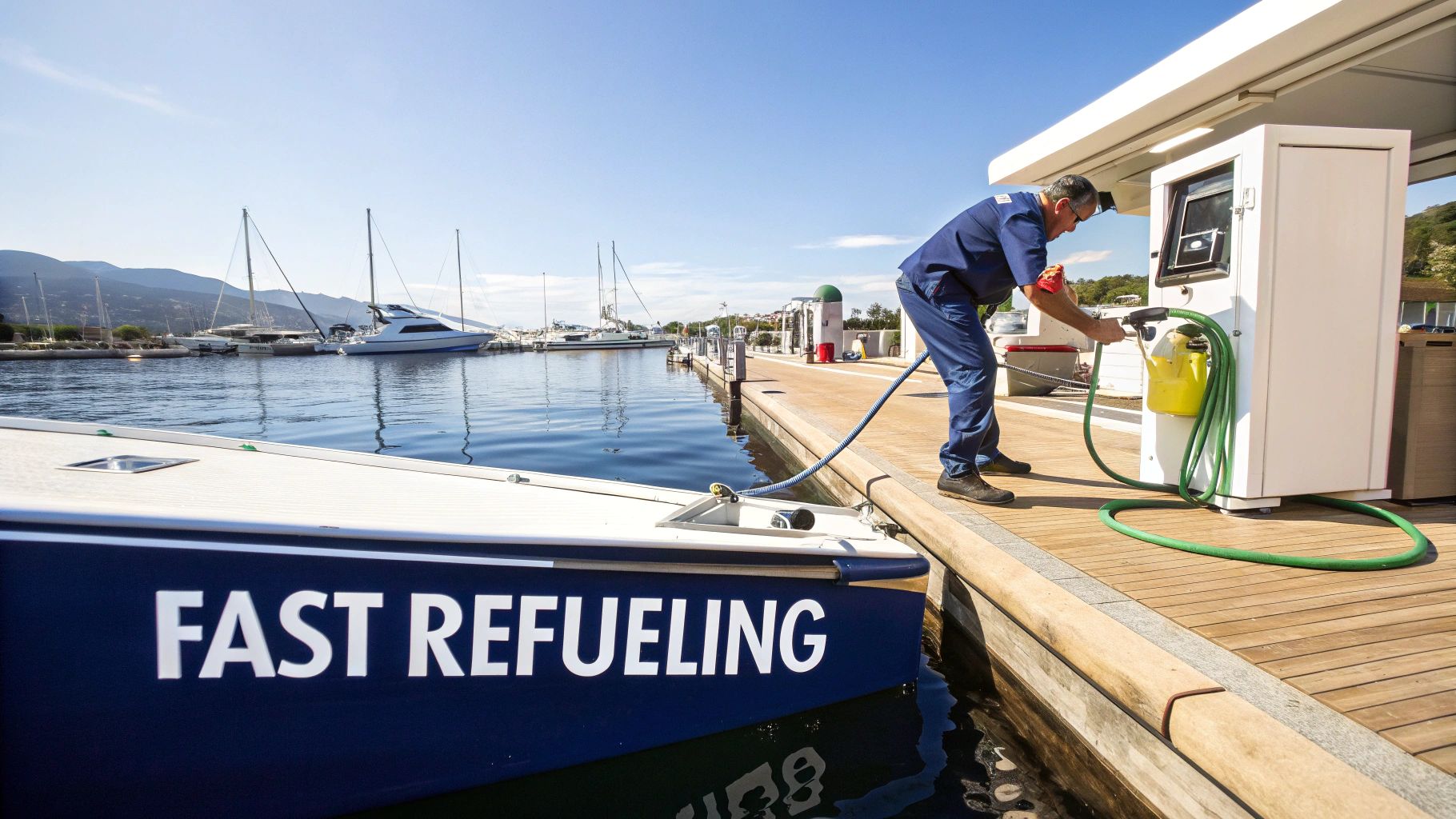 Man in uniform refueling a boat labeled "FAST REFUELING" at a sunny marina.