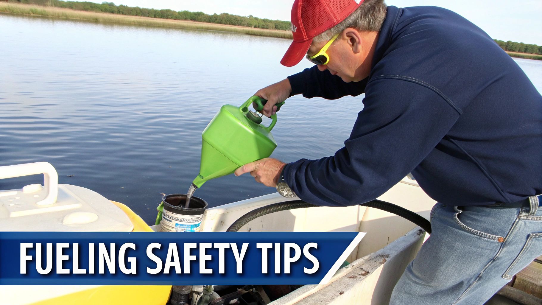 Man pouring fuel from green gas can into boat engine using funnel on water