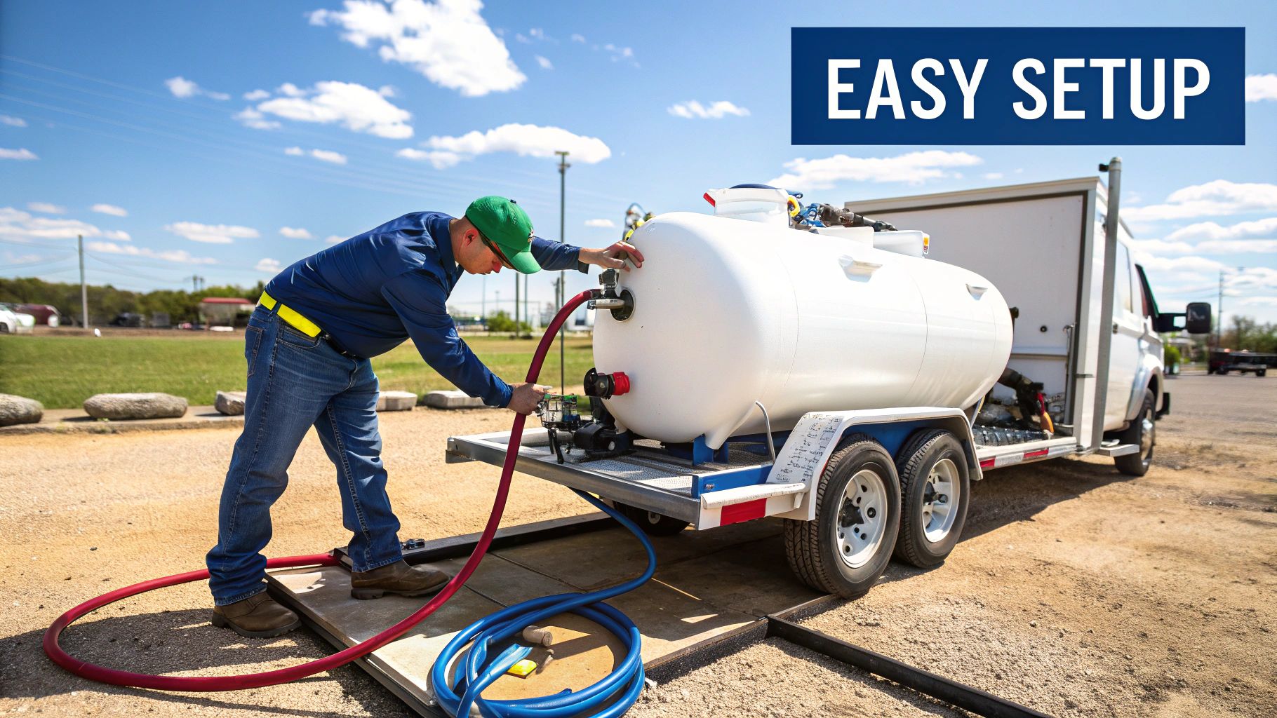 A person safely filling a temporary gas tank on the ground next to a boat trailer.