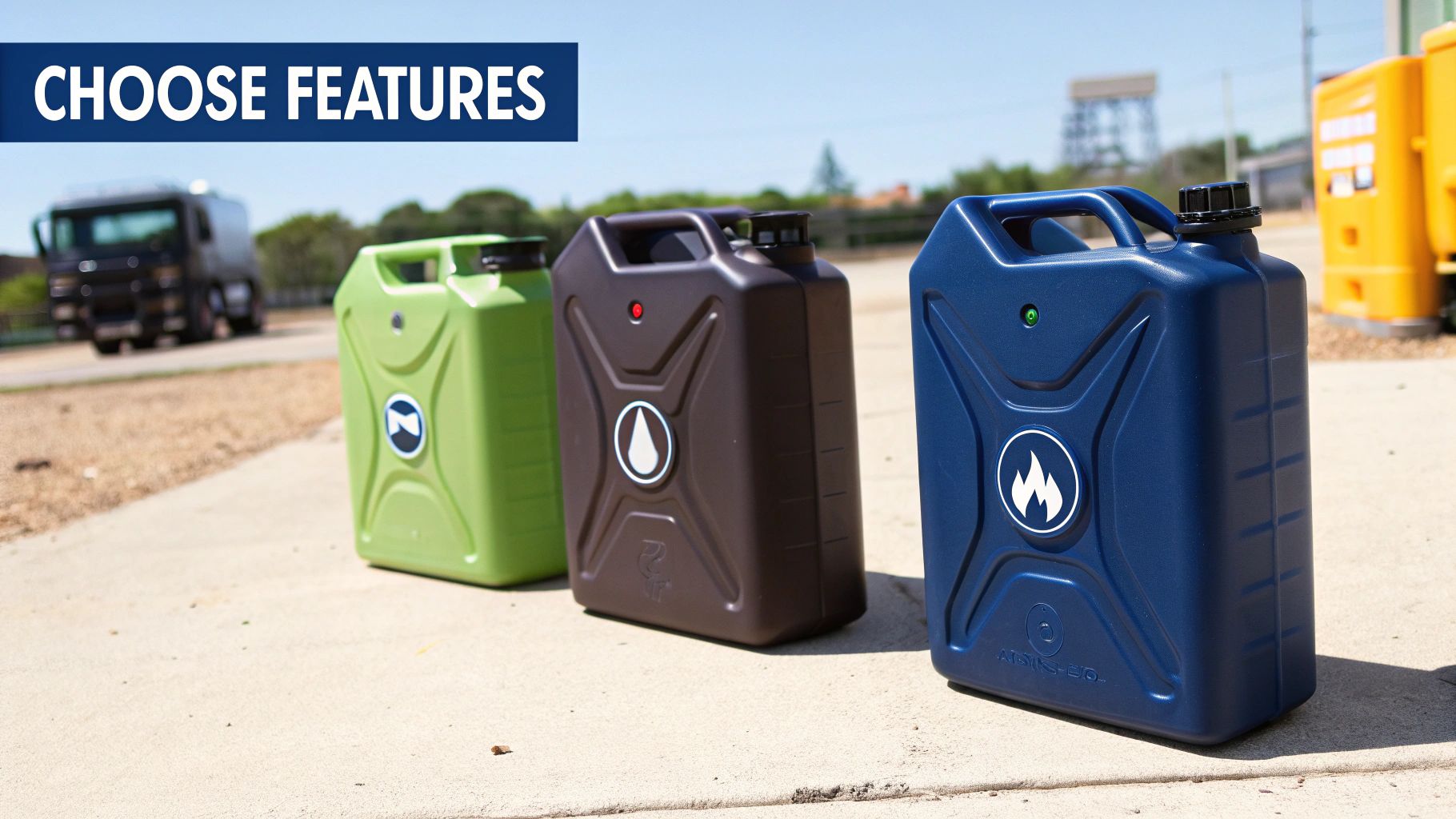 Close-up of three portable gas containers in green, brown, and blue, with distinct feature symbols.