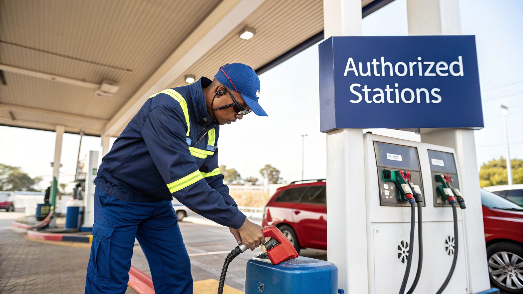 A red gas can being filled on the pavement at a gas station.