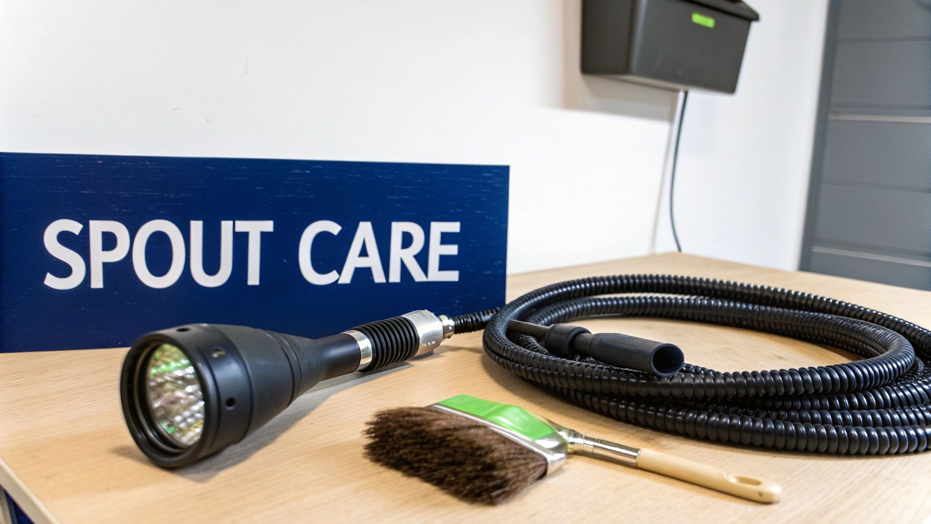 A blue 'SPOUT CARE' sign behind a flashlight, coiled hose, and brush on a wooden table.