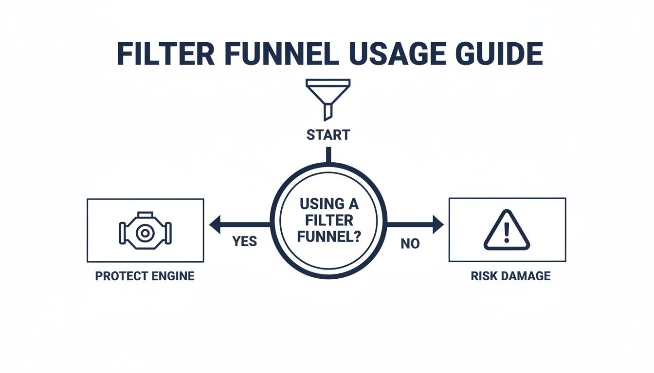 Flowchart guide on filter funnel usage, showing how it protects engines and prevents damage.