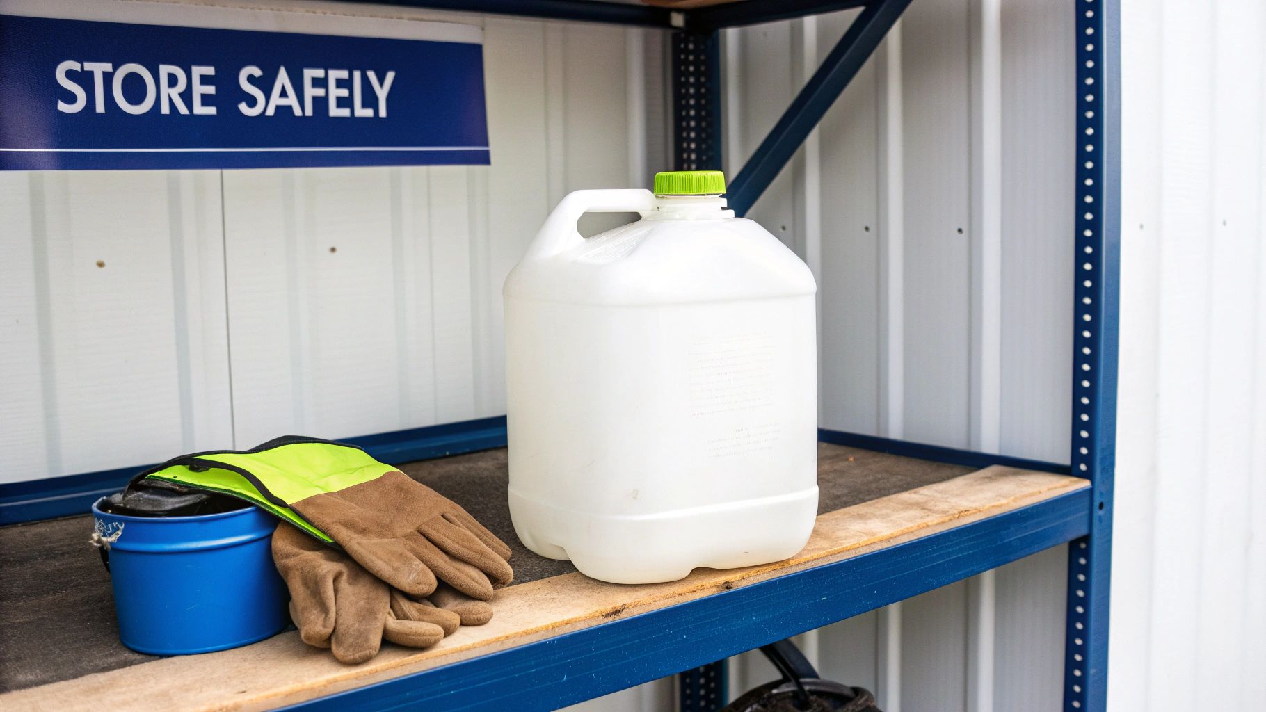 A red 10 gallon gas container stored on a shelf in a well-organized garage.