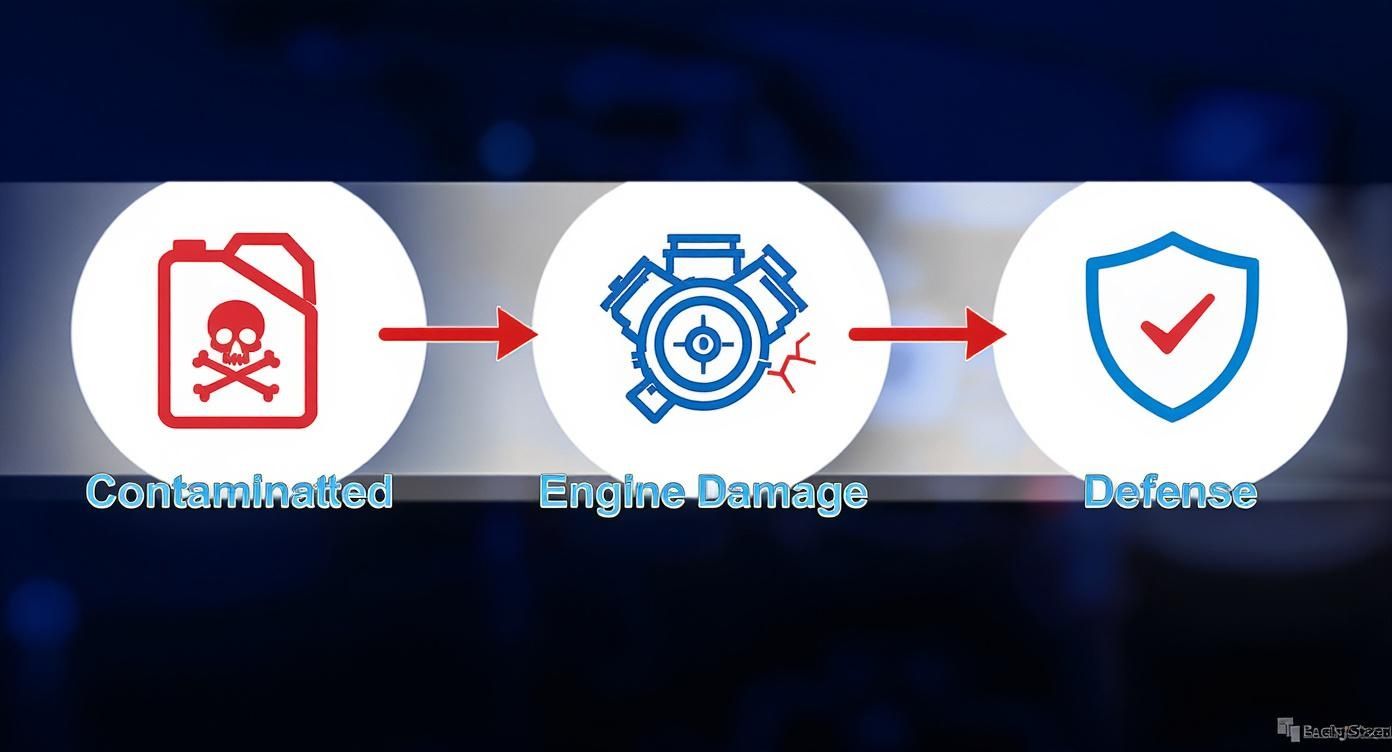 Flowchart illustrating how contaminated fuel leads to engine damage and the need for defense.