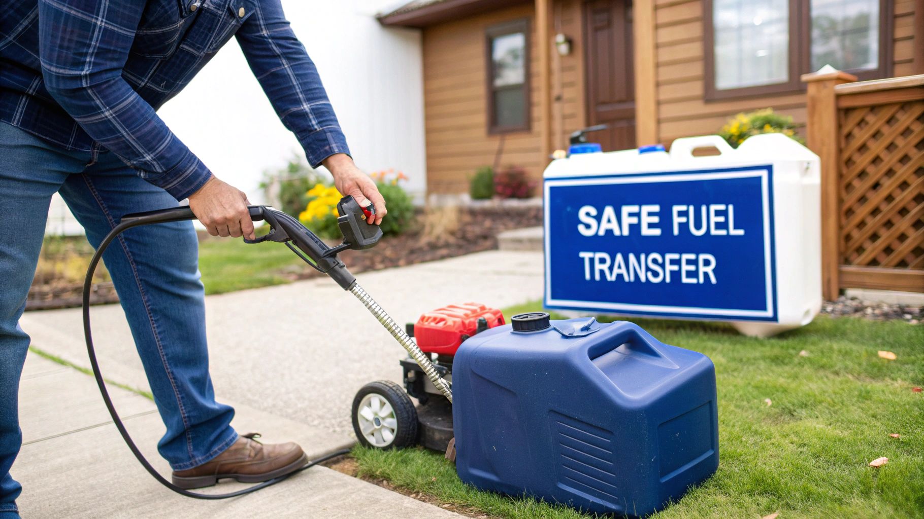 A person using a hand transfer pump to move fuel from a red gas can into a boat's fuel tank.