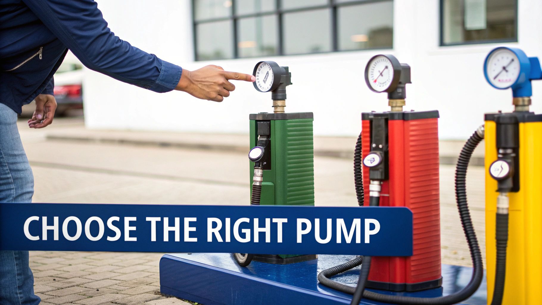 A person using a hand pump to transfer fuel from a red container to a vehicle's tank.