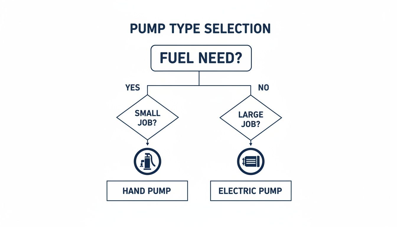 Flowchart guiding pump type selection based on fuel need and job size, recommending hand or electric pumps.