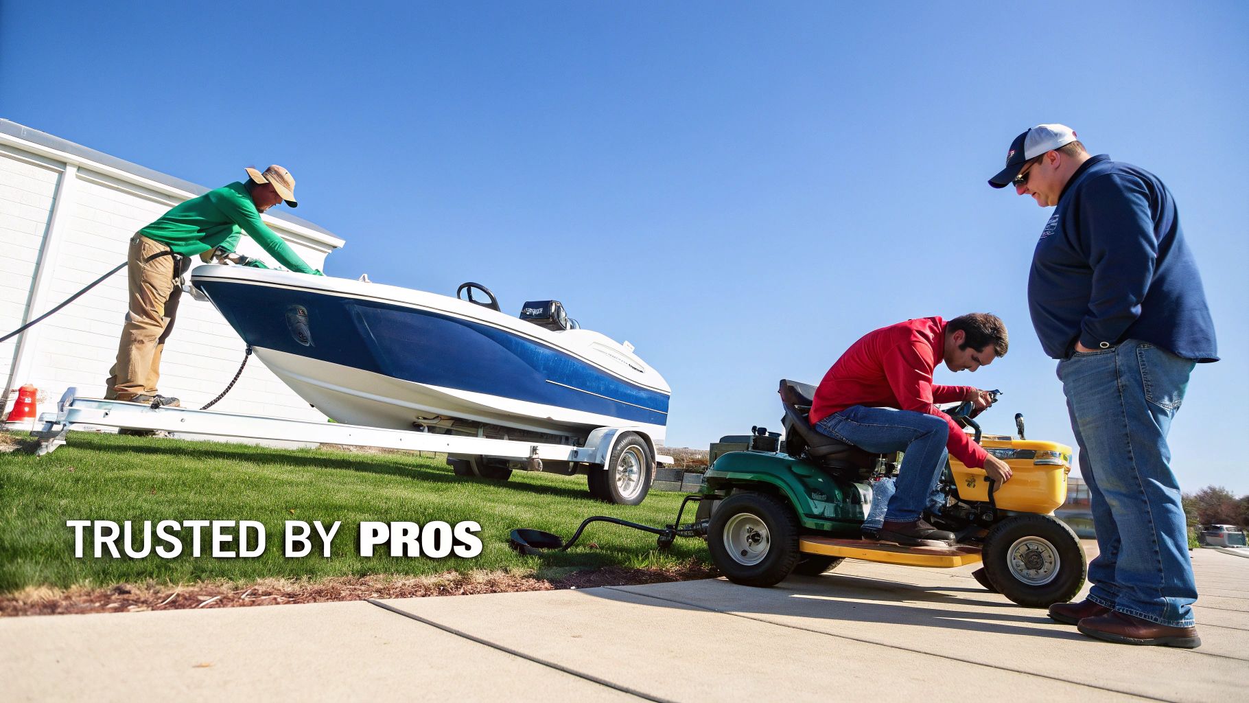 A Flo Fast gas can being used to refuel an ATV in a garage setting.