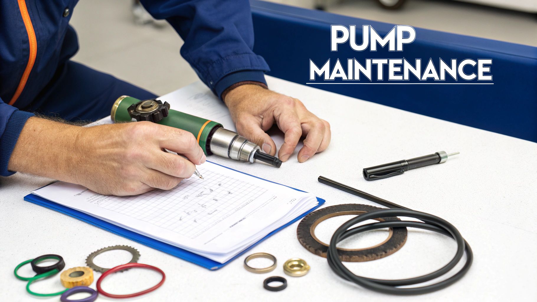 Hands of a technician performing pump maintenance, working on a document with tools and various spare parts.