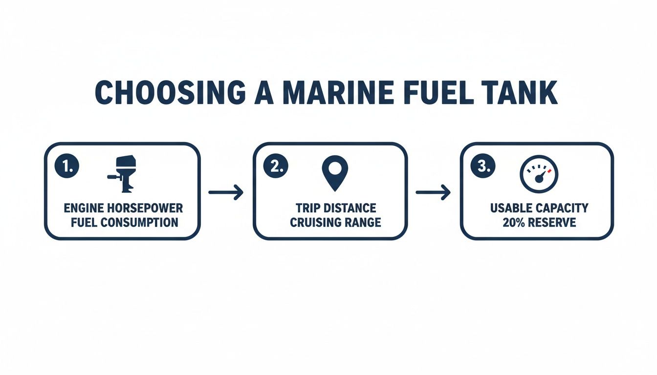 Flowchart explaining how to choose a marine fuel tank based on engine, trip distance, and capacity.