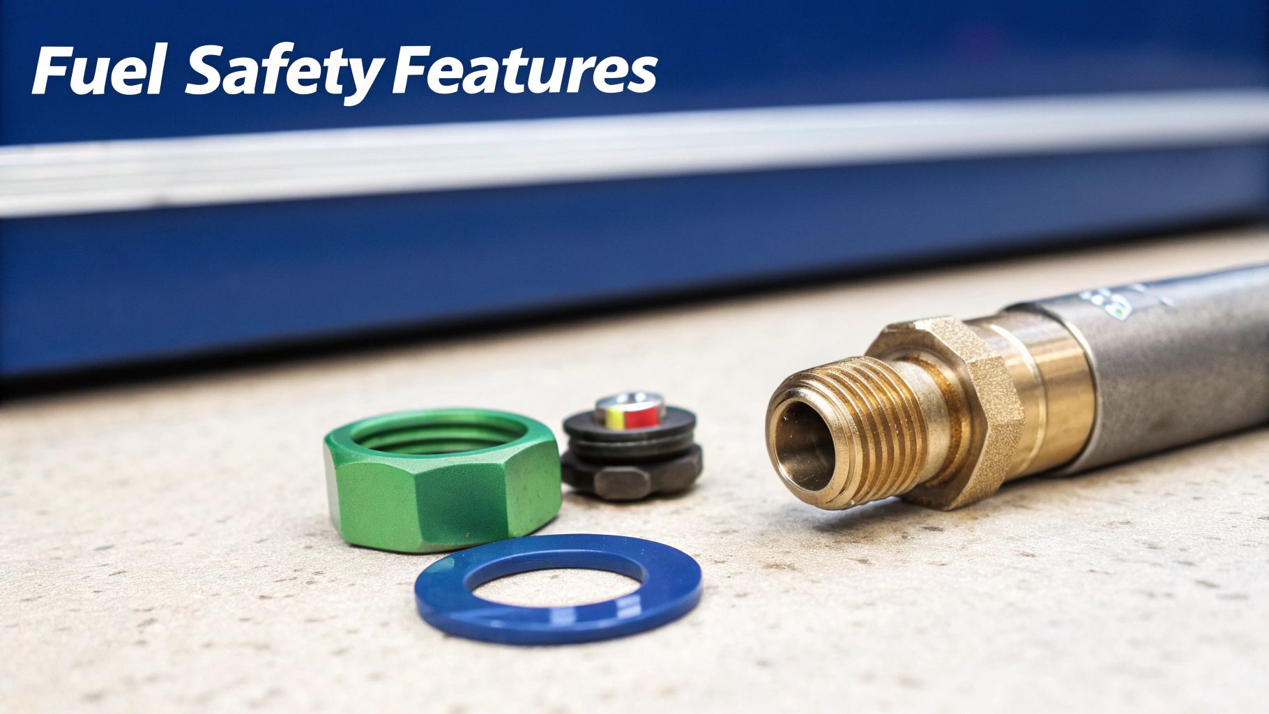 Close-up of a high-quality gasoline storage container spout and seal