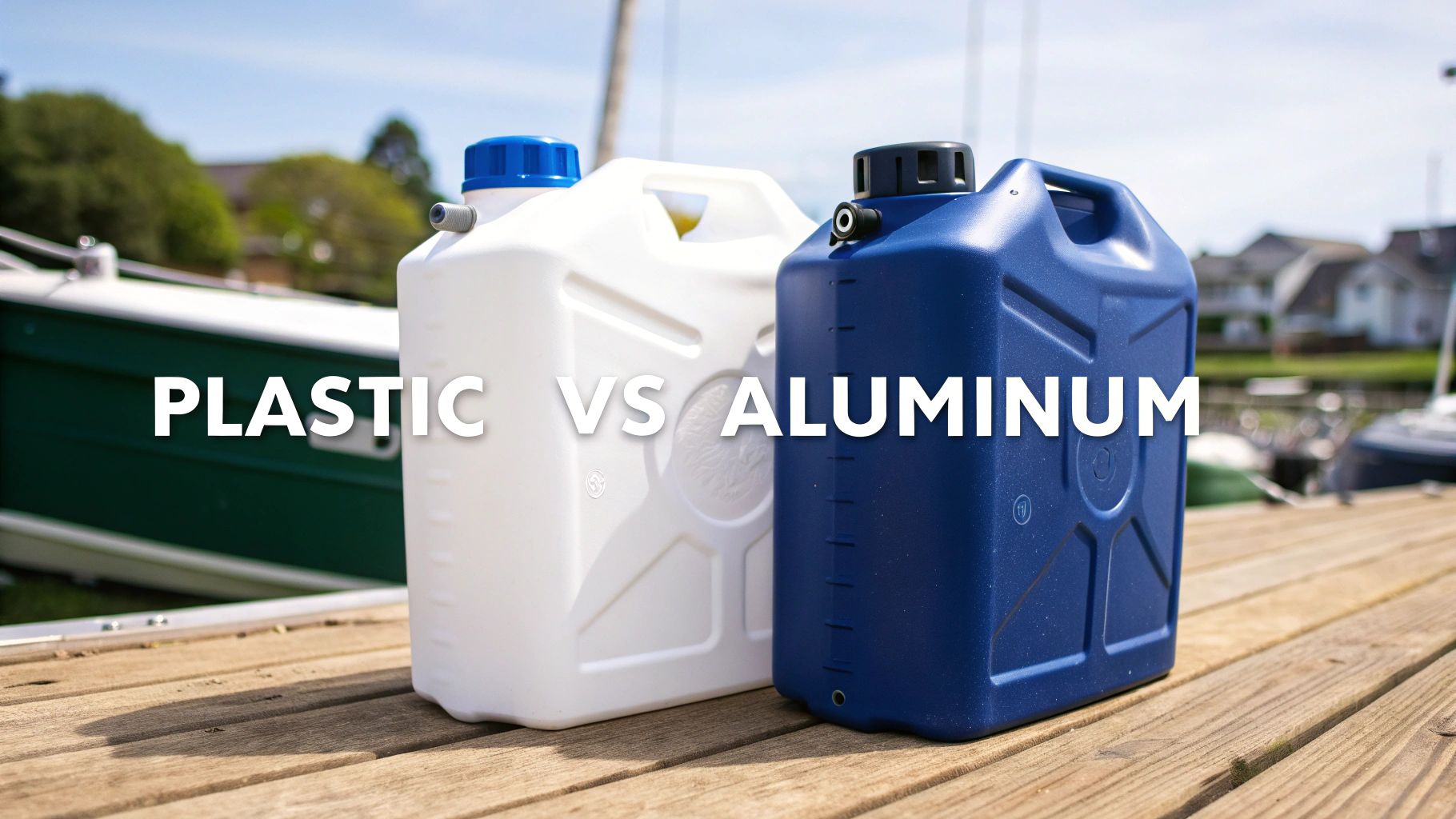 White plastic and blue aluminum jerry cans comparison on wooden dock with boat in background
