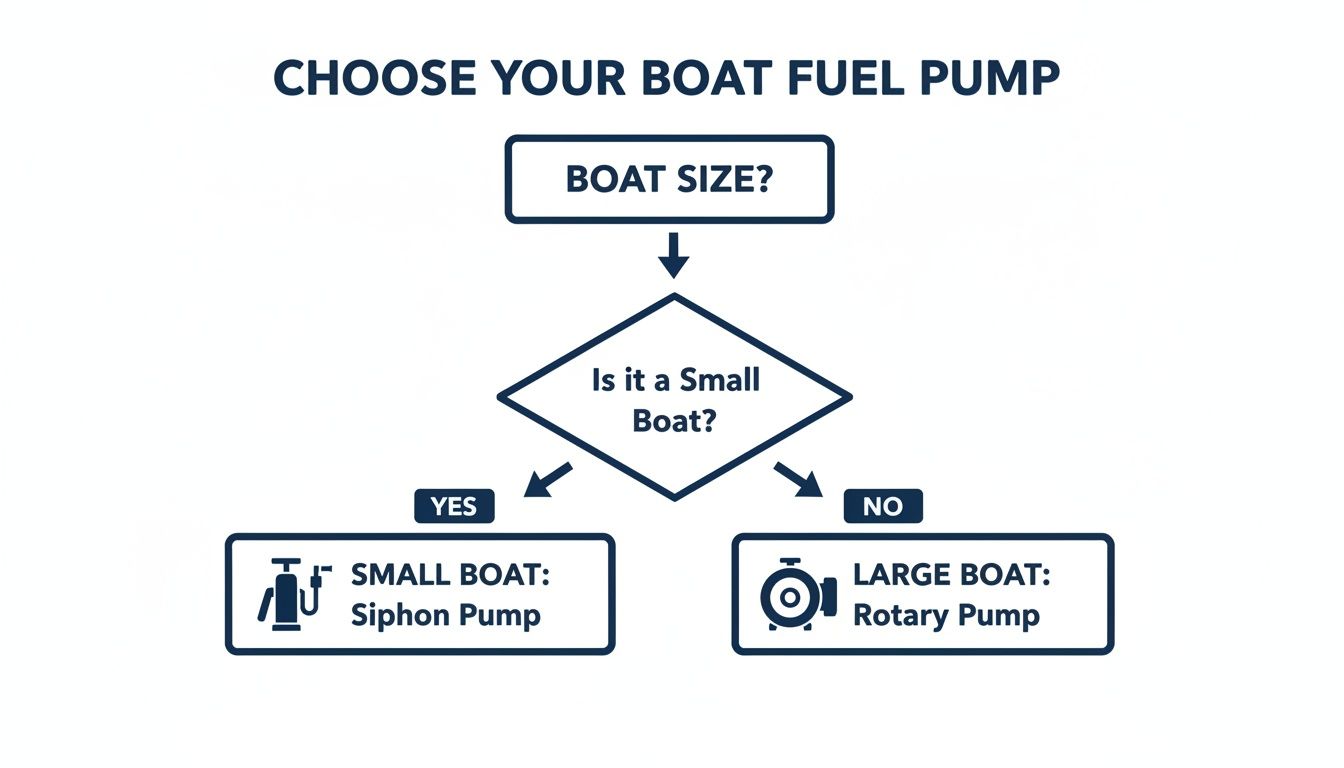 Flowchart guiding the selection of a boat fuel pump based on boat size, recommending siphon or rotary pumps.