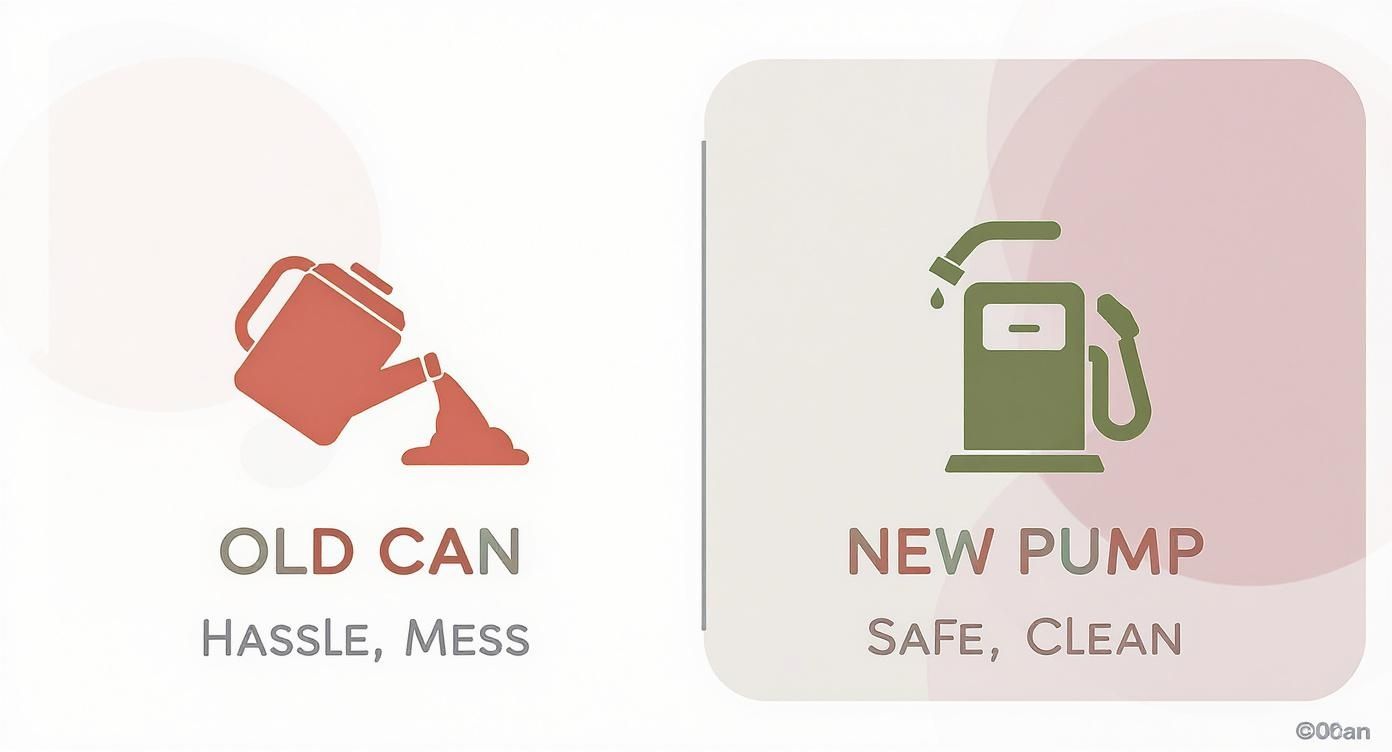 Two panels contrasting an old, messy fuel can with a modern, safe gas pump.