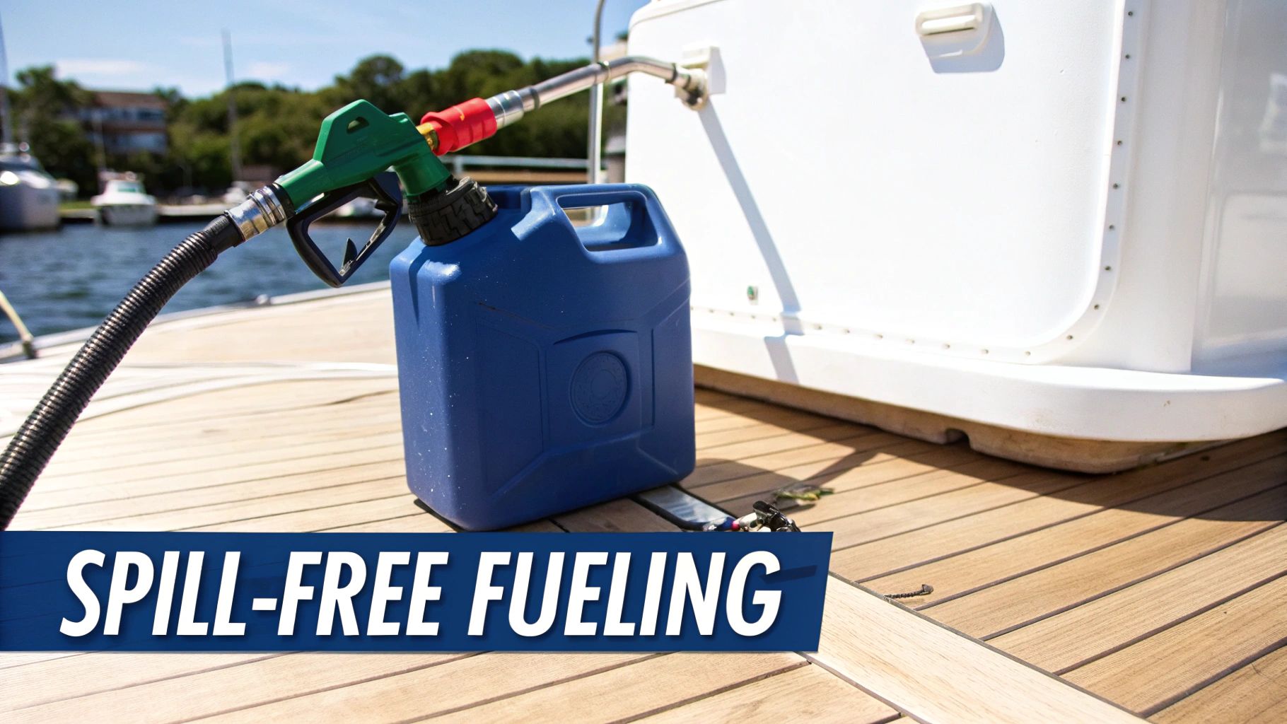 A blue plastic gas can with a fuel nozzle is being used to fuel a white boat on a wooden deck.
