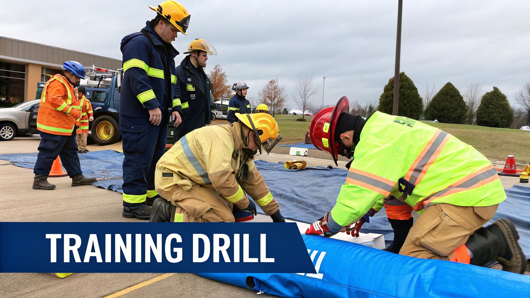 A team in uniform reviewing a clipboard near a fuel tank, indicating a training or inspection scenario.