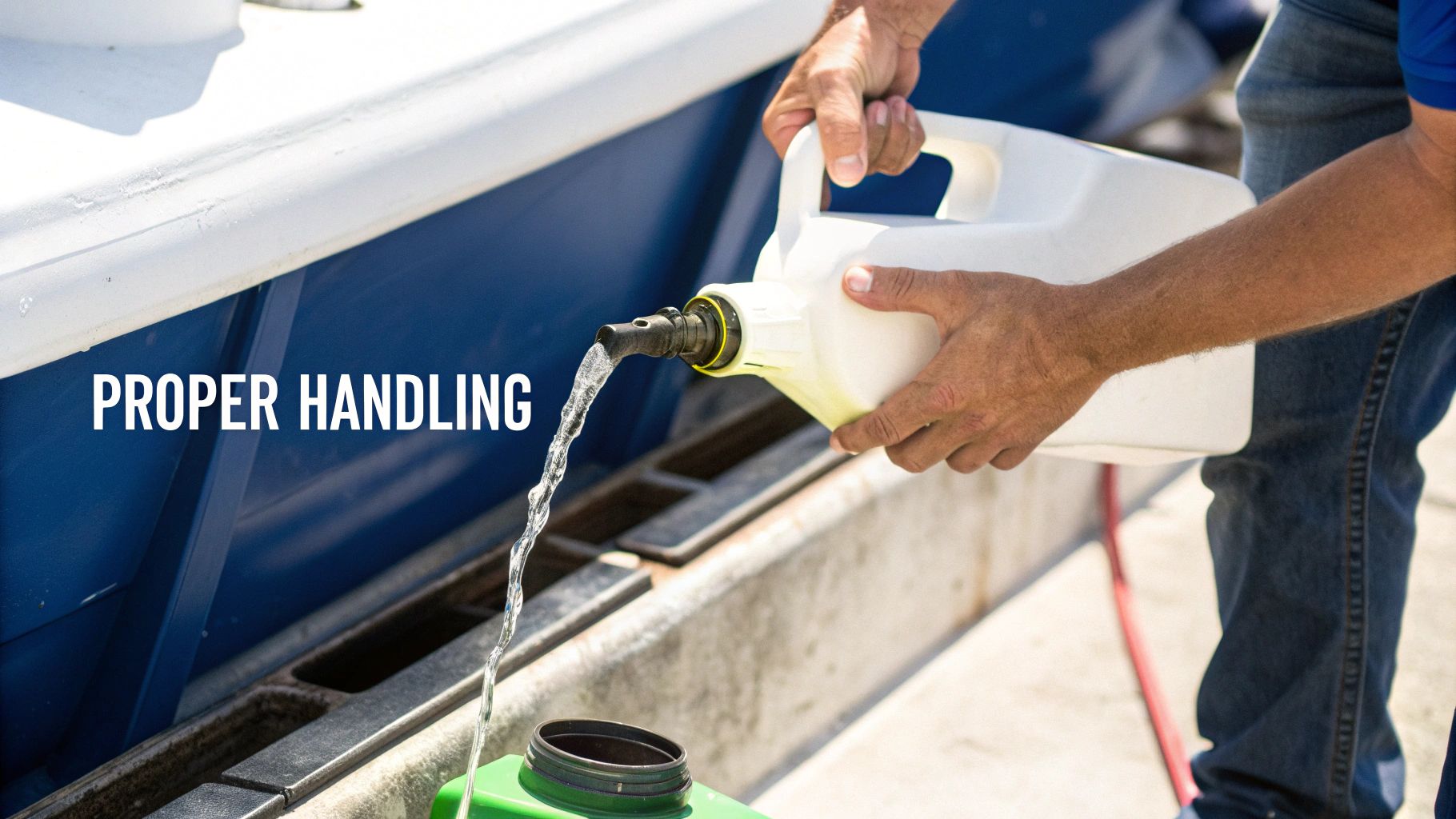 A boater carefully pouring fuel from a red container with a spout into a boat's fuel tank.