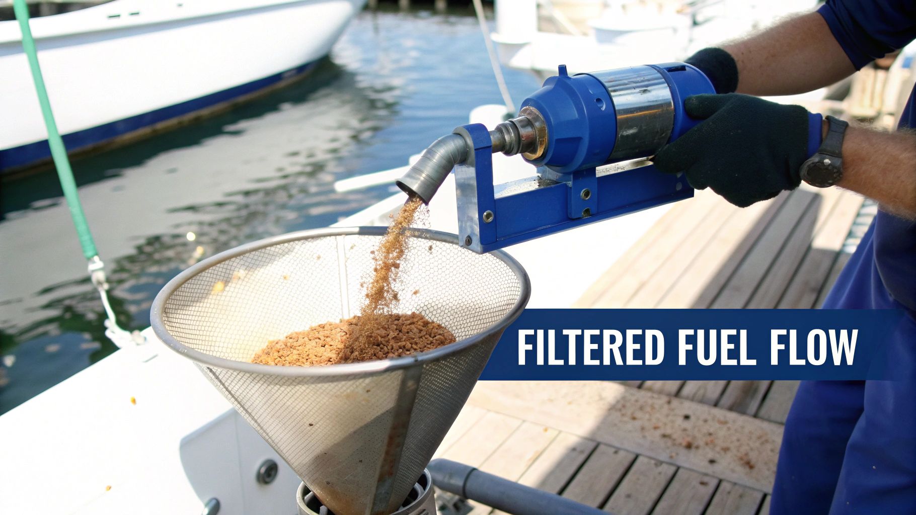 Hands filter brown fuel contaminants through a metal mesh funnel on a boat.
