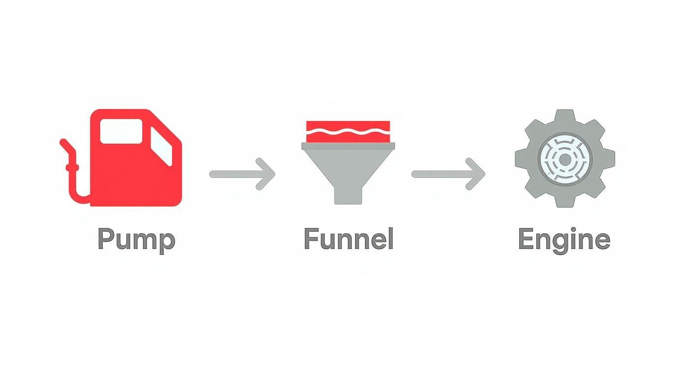Fuel system flow diagram showing pump, funnel filter, and engine components with directional arrows