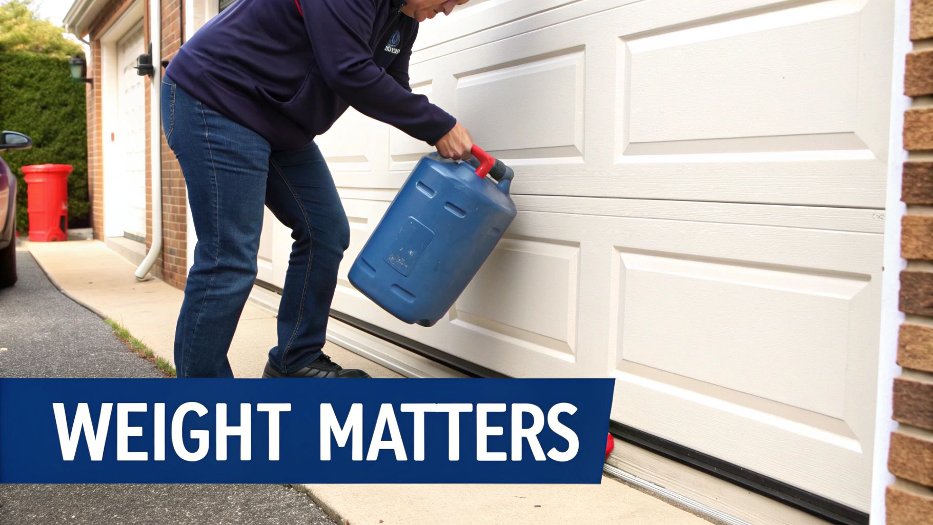 A person places a blue gas can at the base of a white garage door, demonstrating a safety test.