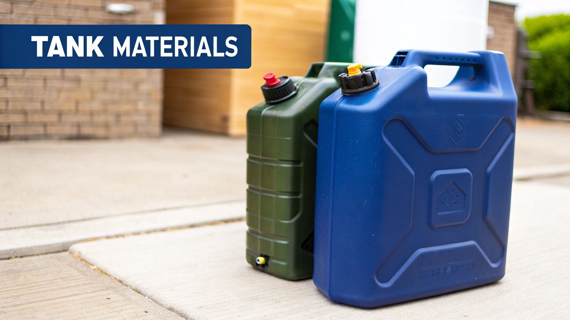 Two plastic jerrycans, one green and one blue, stand on a concrete path next to a wall, with text stating "TANK MATERIALS".
