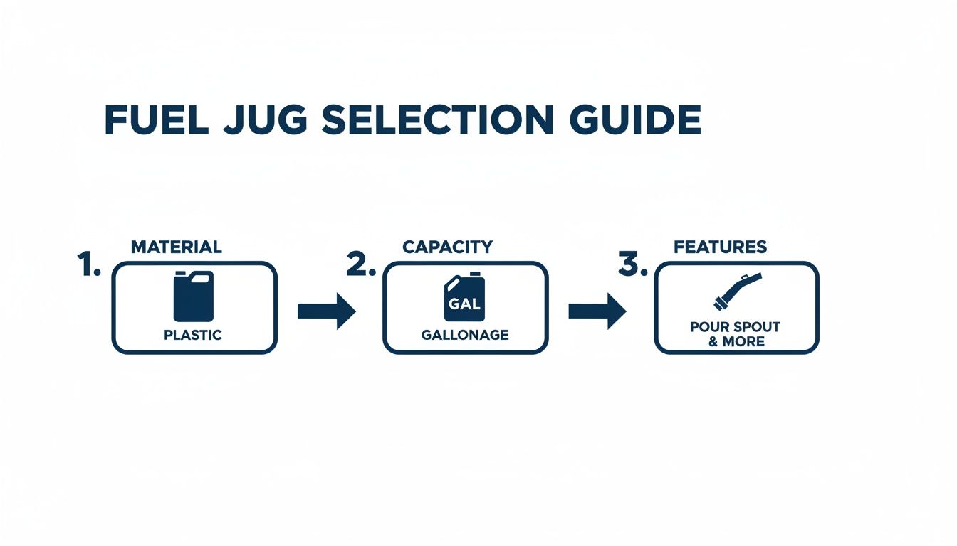 A fuel jug selection guide illustrating steps for material (plastic), capacity (gallonage), and features (pour spout).