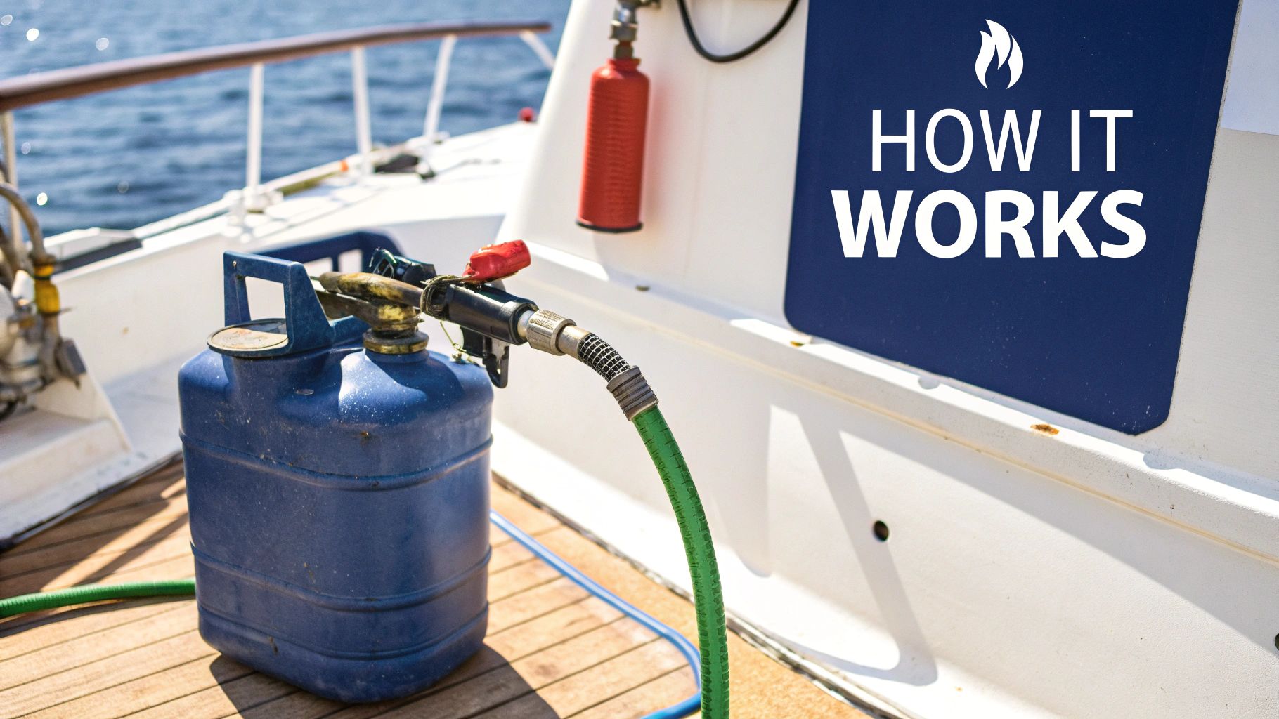 A person using a gas caddy to refuel a boat at a dock