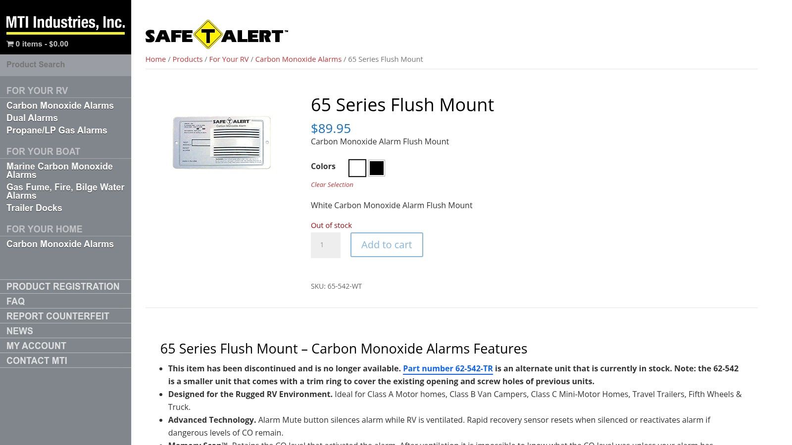 MTI Industries 65-542-P Safe-T-Alert CO Detector