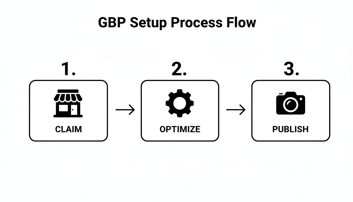 A three-step process flow for Google Business Profile (GBP) setup: Claim, Optimize, and Publish.
