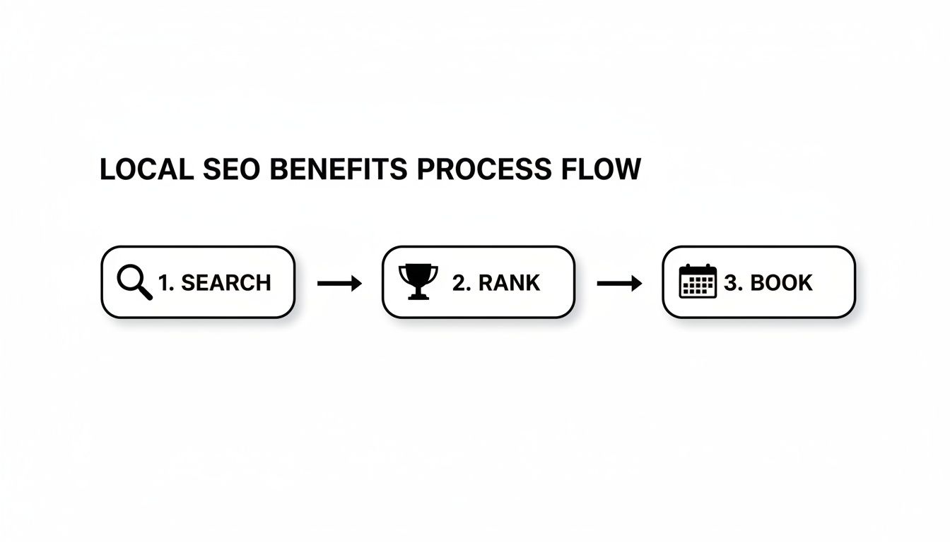 Local SEO benefits process flow showing three steps: 1. Search, 2. Rank, and 3. Book, with icons.