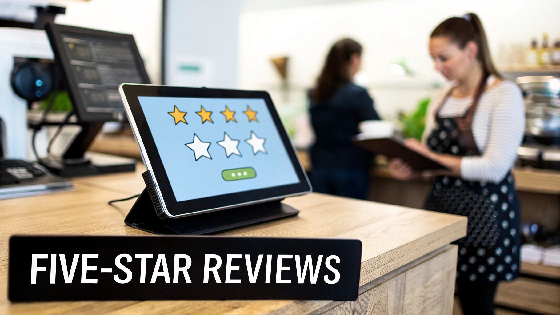 A tablet on a wooden counter displays three filled yellow stars and two outline stars for a rating.