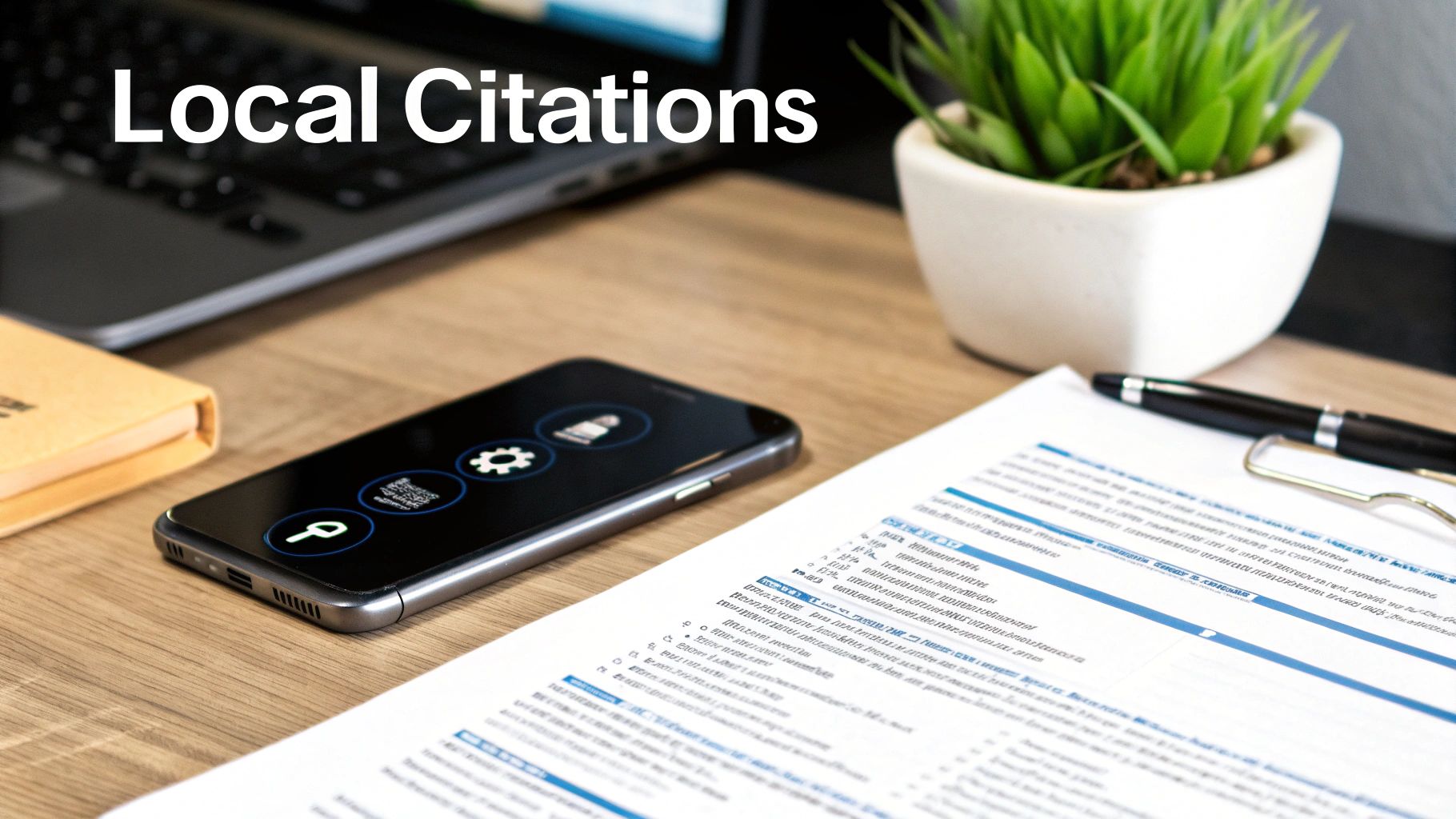 A desk with a laptop, smartphone, and document, featuring the text 'Local Citations'.