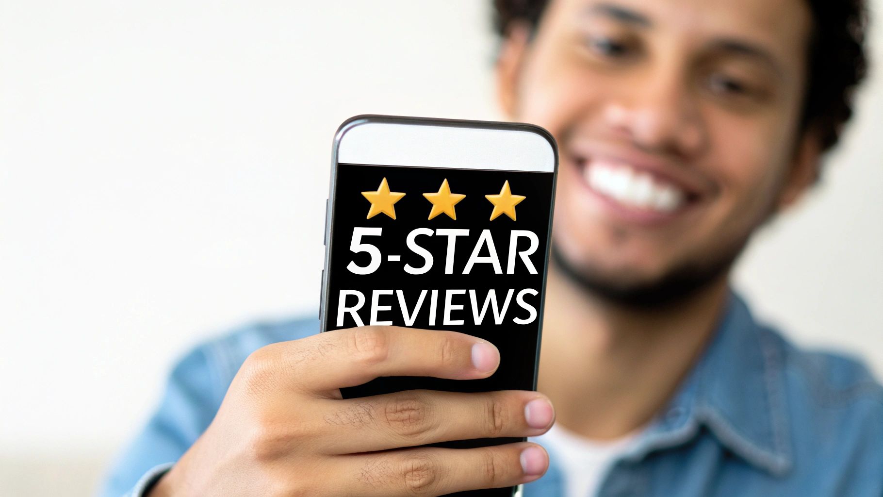 A smiling man holds a smartphone displaying '5-STAR REVIEWS' with three golden stars.