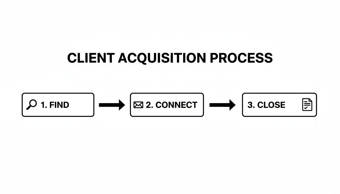 Diagram illustrating the client acquisition process with three steps: Find, Connect, and Close.