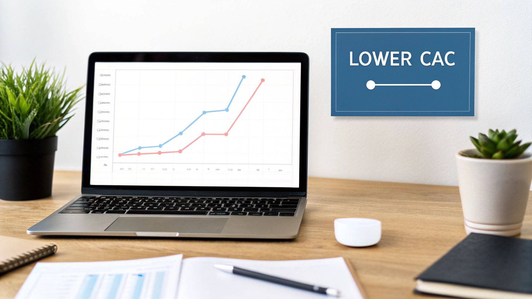 A laptop on a wooden desk displays a line graph, next to a plant and a 'LOWER CAC' sign.
