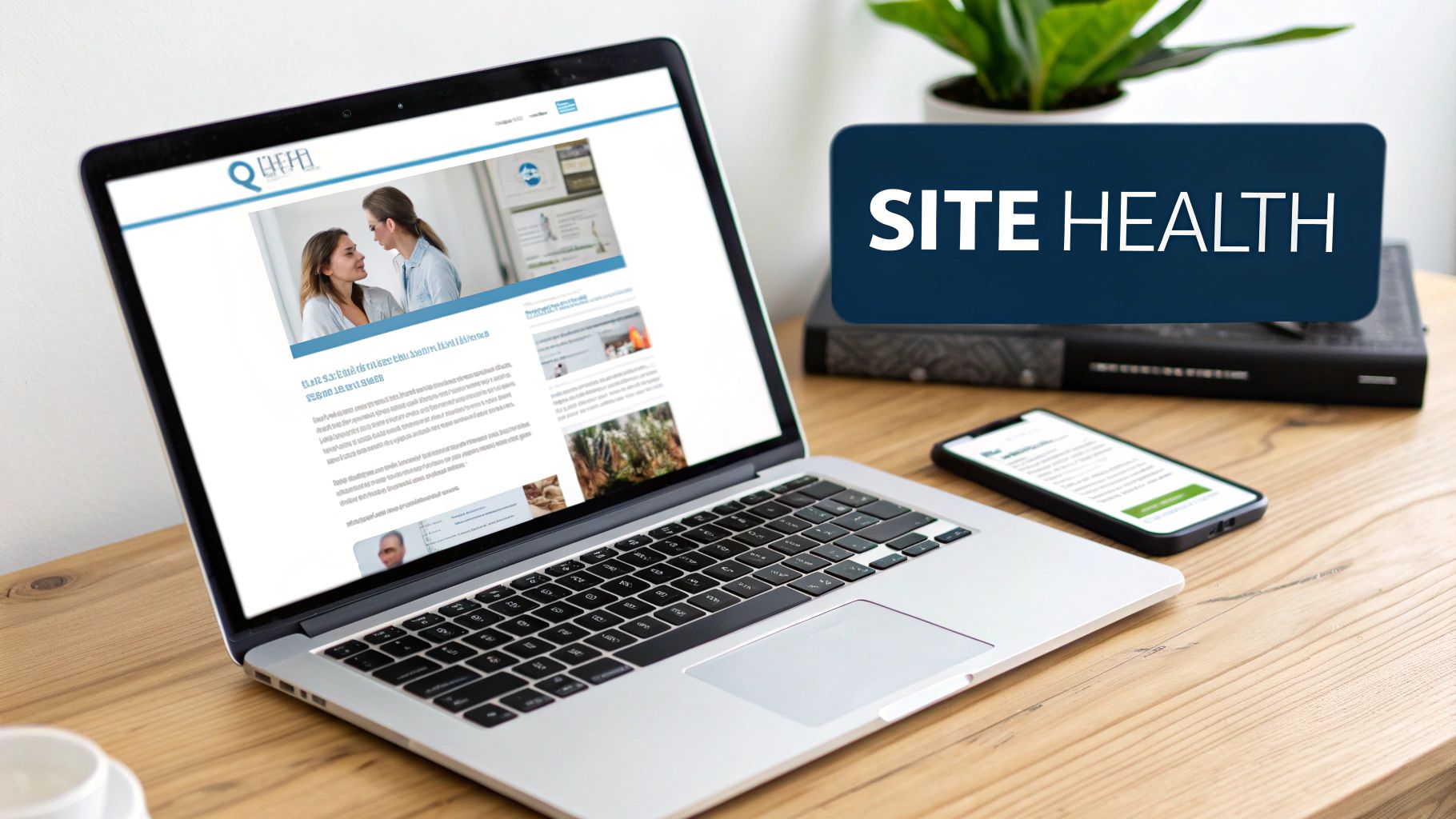 A laptop and smartphone on a wooden desk, with a 'SITE HEALTH' banner floating above.