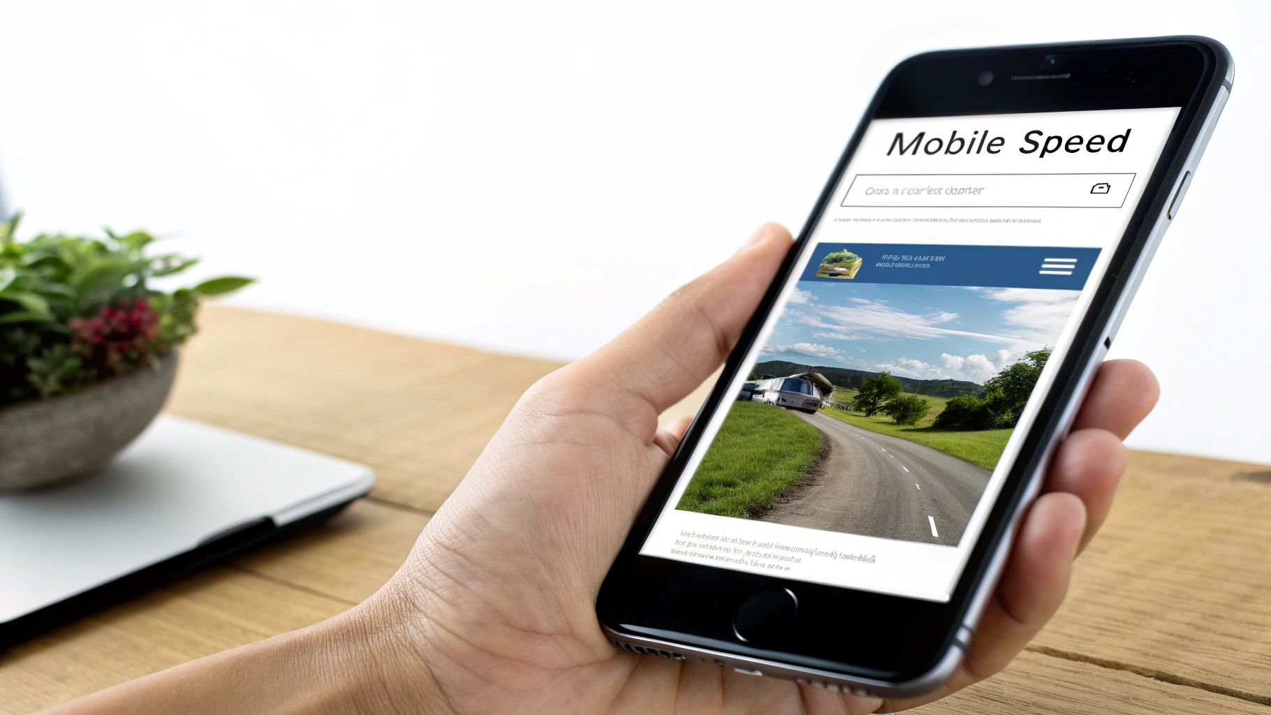 A person using their smartphone to browse a cleaning service website, with speed optimization icons in the background.
