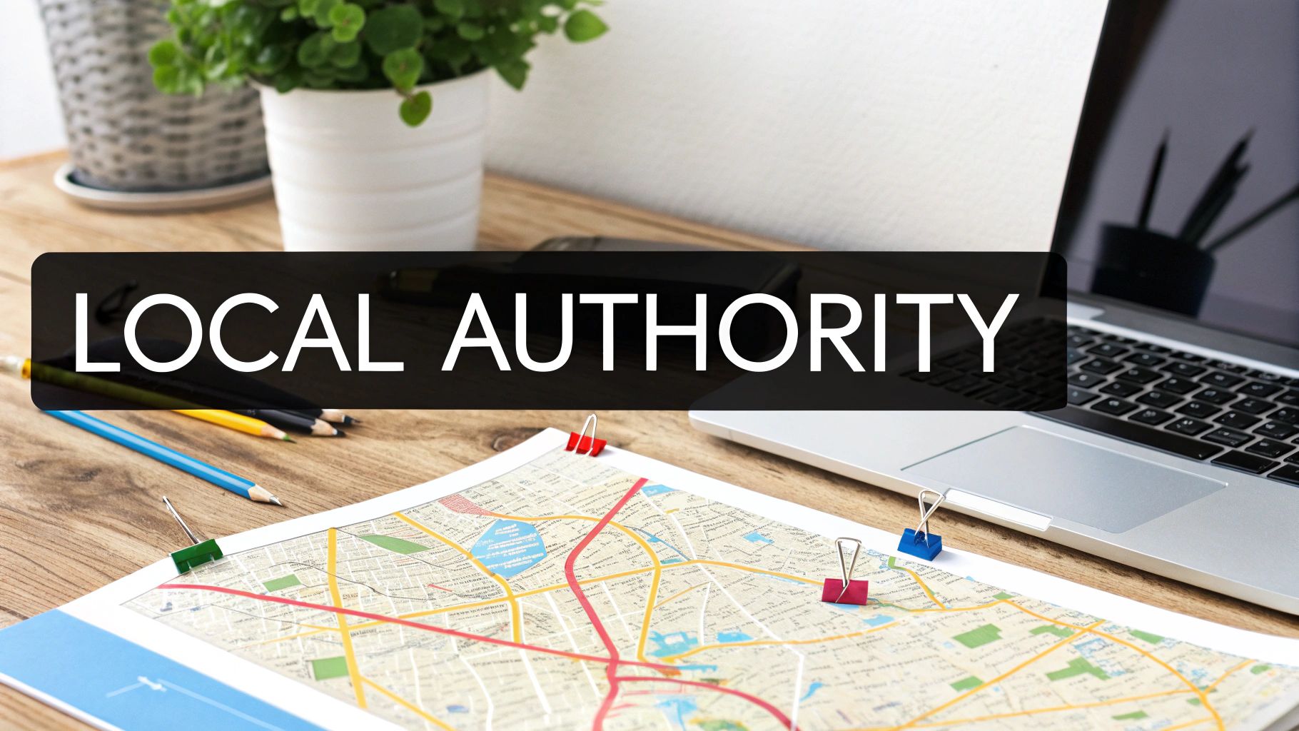 A desk with a map, pencils, laptop, and plant, featuring a 'LOCAL AUTHORITY' text overlay.