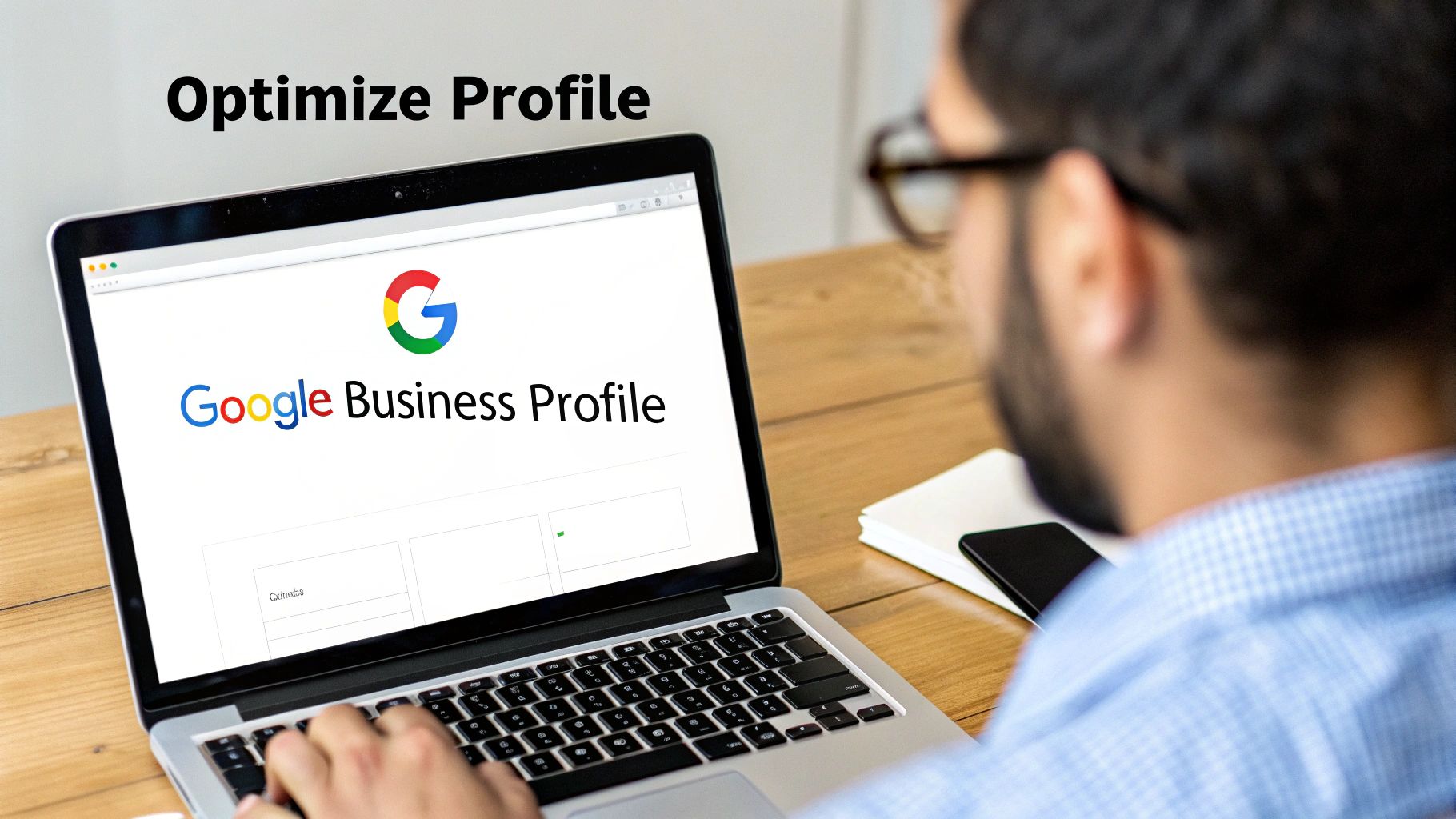 A person works on a laptop, optimizing their Google Business Profile for better online visibility.