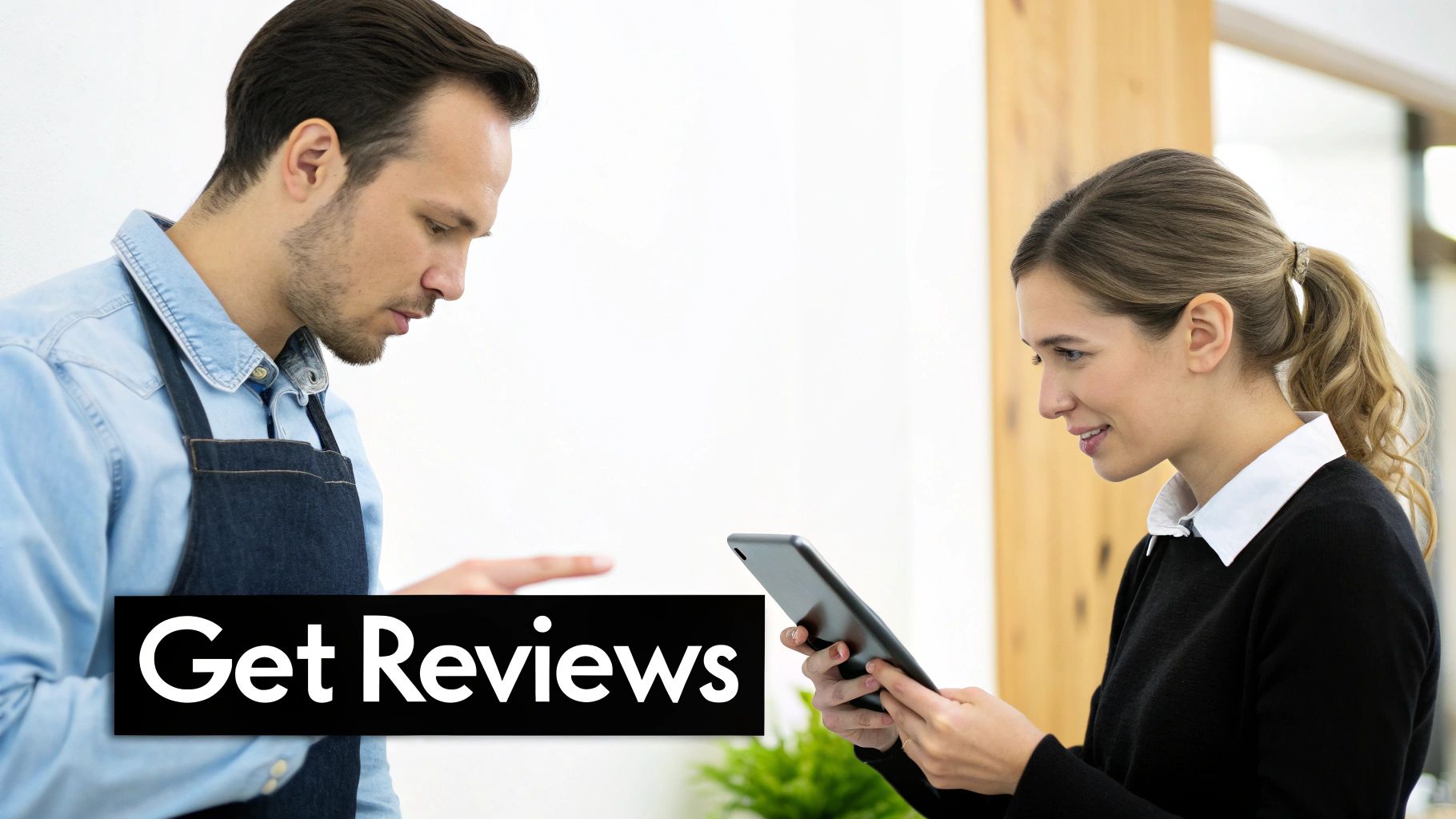 A man and a woman in a business setting looking at a tablet to get customer reviews.
