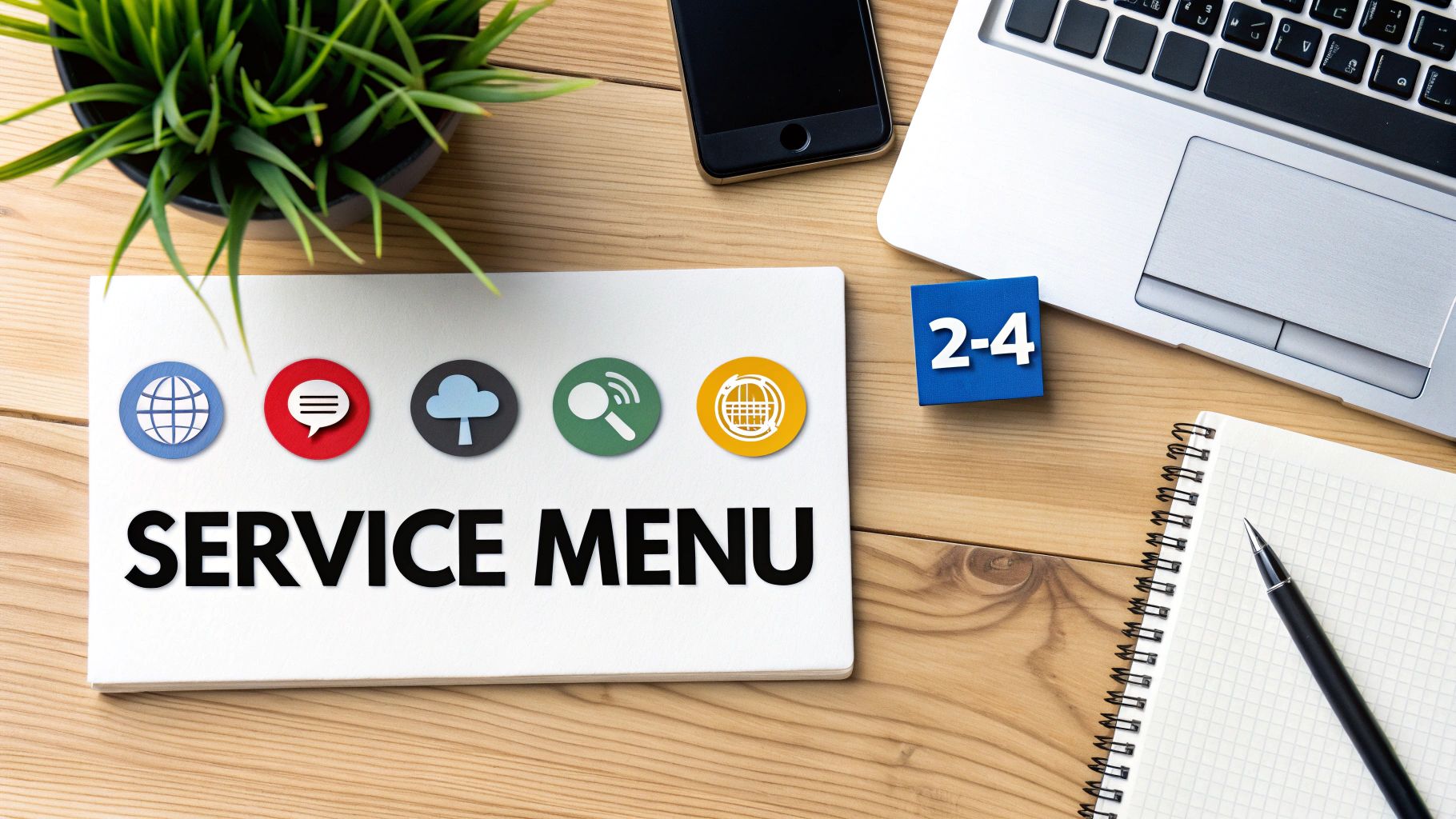 A flat lay of a wooden desk with a 'SERVICE MENU' document, icons, laptop, phone, and notebook.