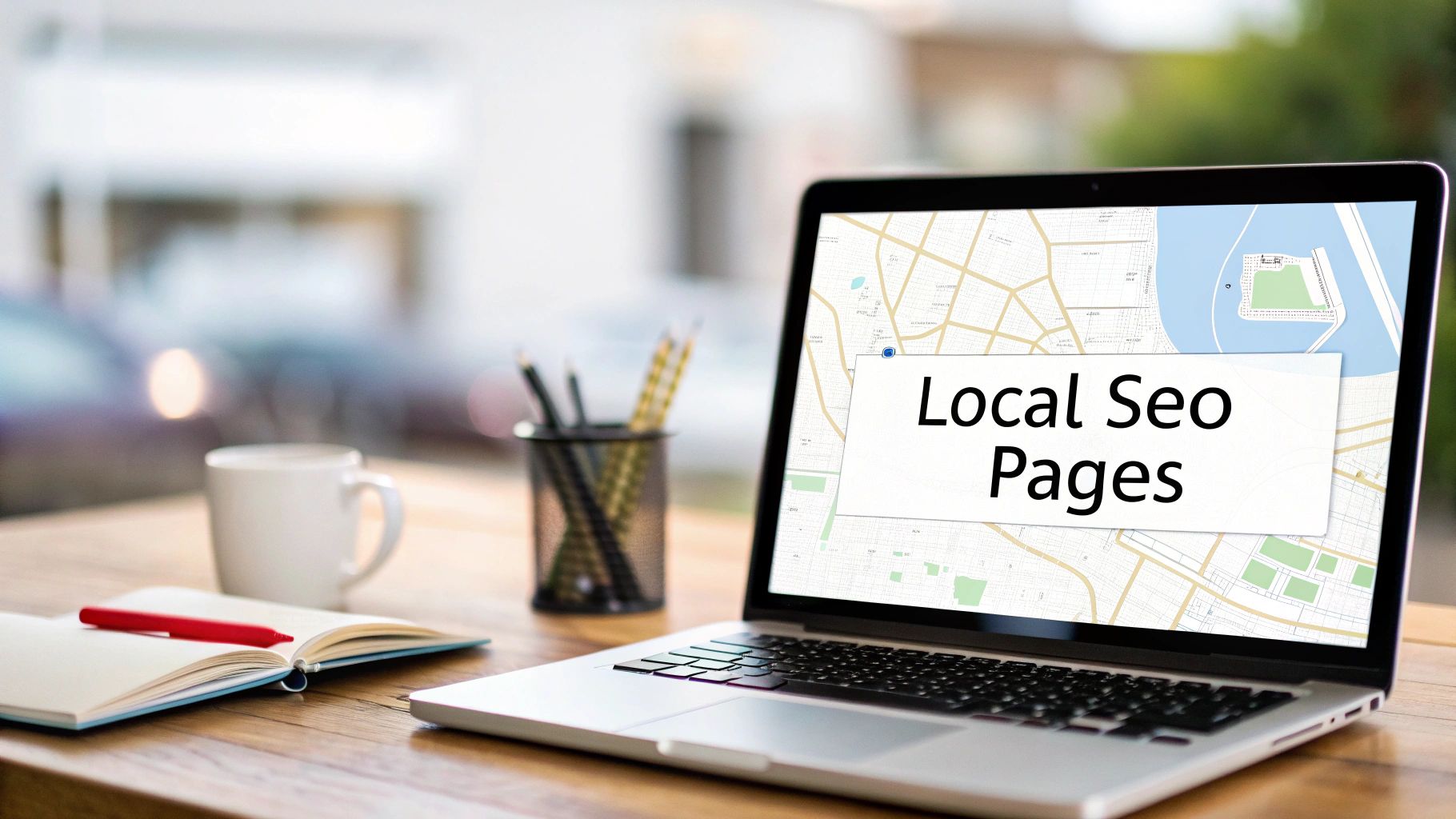 Laptop on a wooden desk displaying a map with 'Local Seo Pages', next to a notebook and coffee mug.