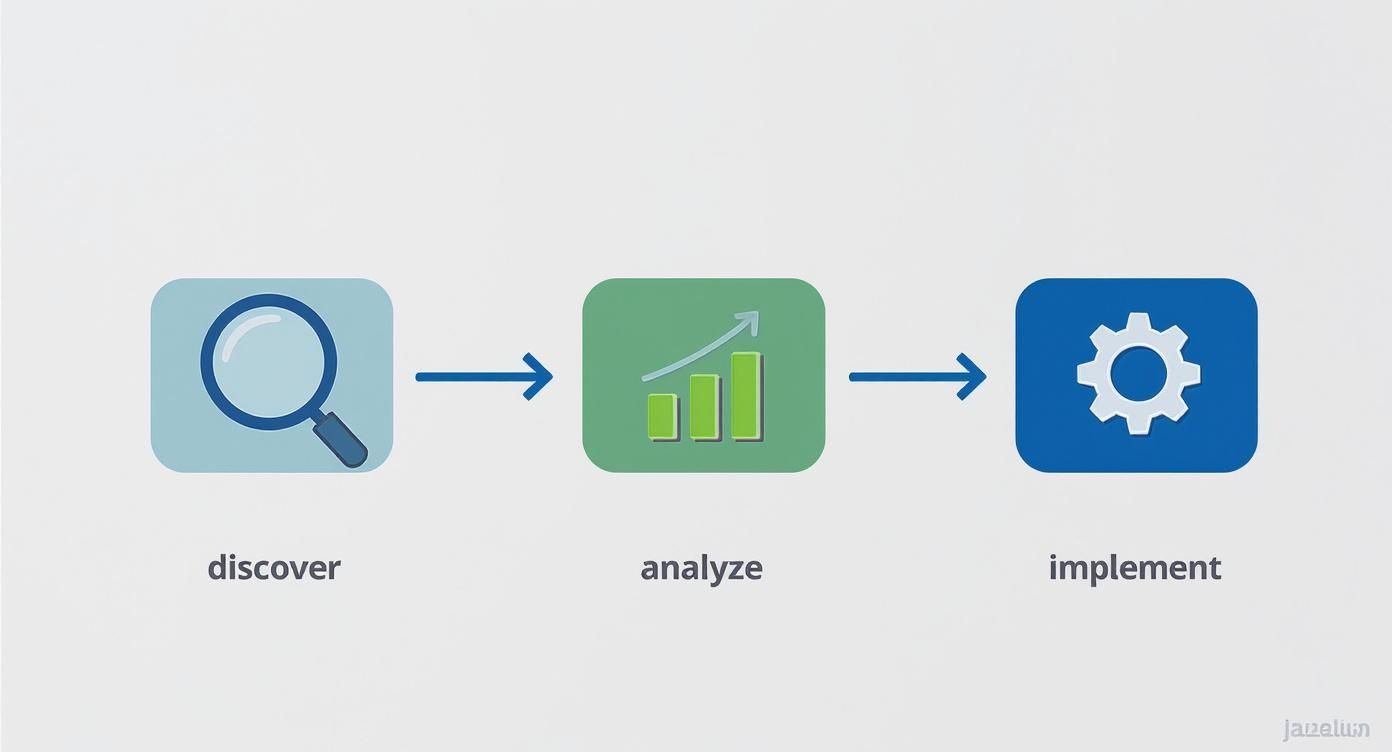 An infographic showing the process flow of discovering, analyzing, and implementing keywords for SEO.