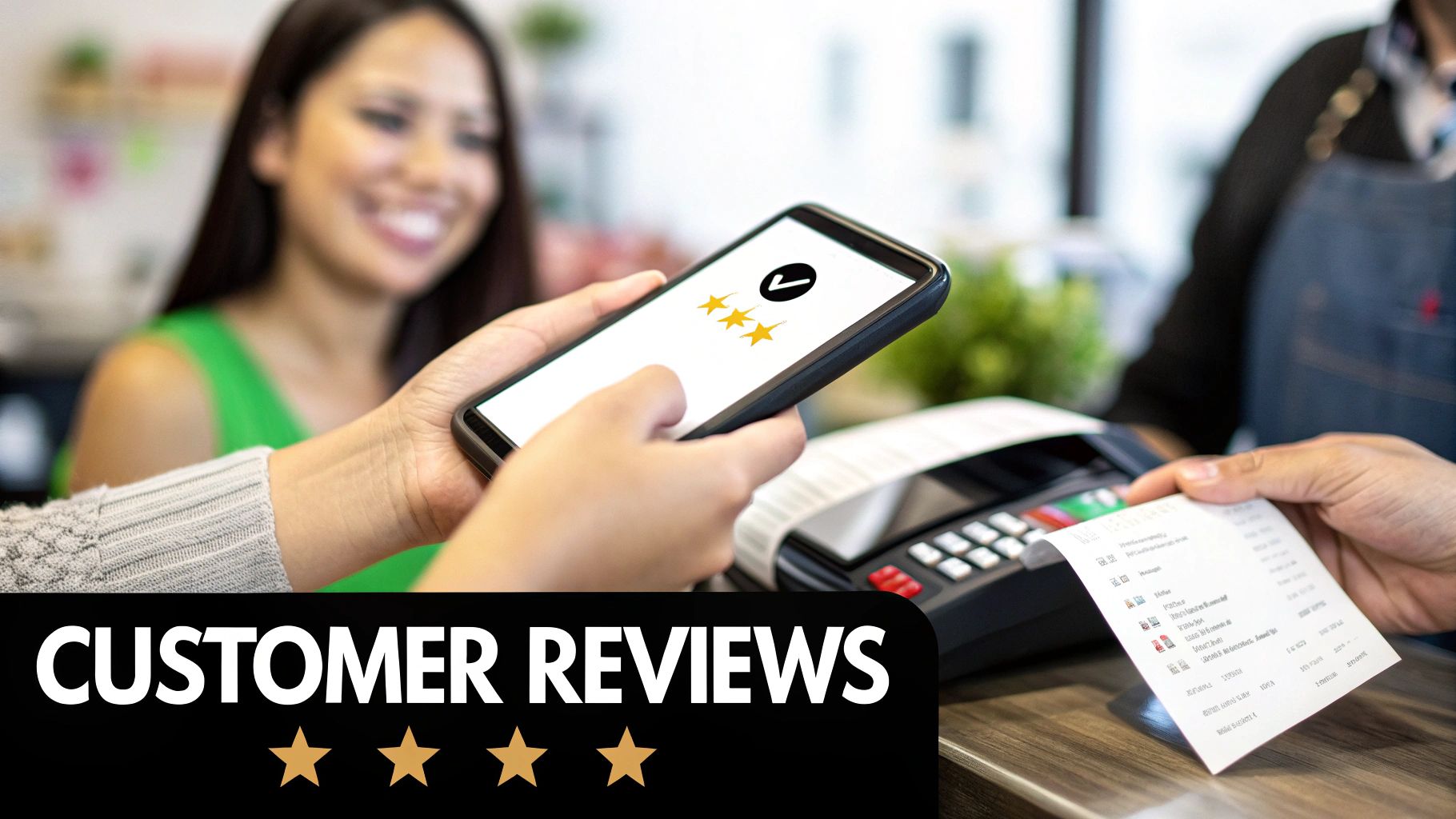 Customer submitting a positive review with three stars on a smartphone at a retail checkout counter.