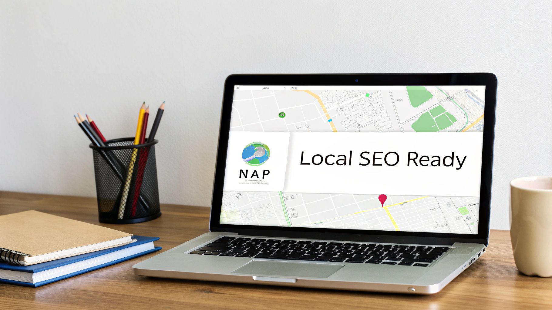 Laptop on a wooden desk displaying 'Local SEO Ready' with a map background, surrounded by office supplies.